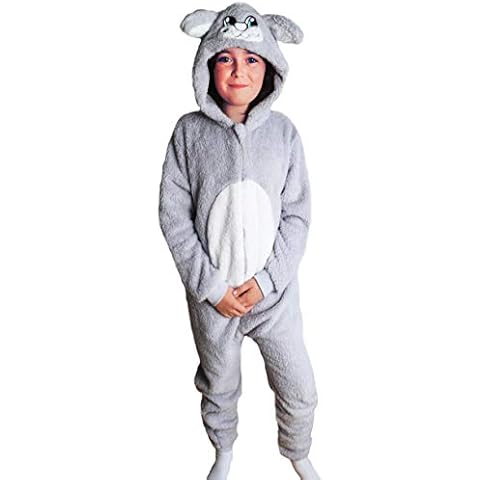 Kid's Onesie Fully Super Soft Grey Rabbit with TAIL All-in-One Fleece Sleepsuit Pyjamas In Boys or Girls Ages 5-6 Year Gry RBBT Cover
