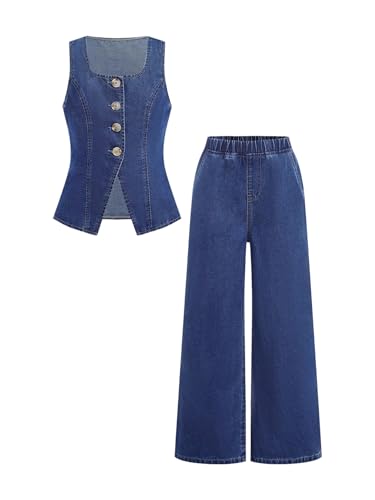 Floerns Girl's 2 Piece Outfit Denim Button Down Sleeveless Vest