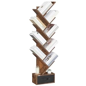 MAHANCRIS Tree Bookshelf, 9-Tier Bookshelf with Drawer, Wooden Book Storage Rack, Floor Standing Bookcase, Utility Organizer Shelves for CDs/Books/Movies, for Home Office, Rustic Brown BKR7101
