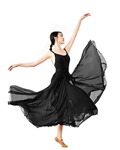 Paotit Women's Lyrical Dance Skirt Long Sheer Swing Wrap Skirt Modern Ballet Costumes For Performance Black #TOP2