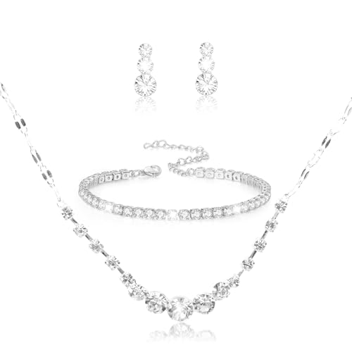Juego de joyas LjFrexia con purpurina para novia, conjuntos de joyería de boda en plata con strass, collar con cristal de strass y pendientes con pulsera, accesorios para traje de fiesta, juego de