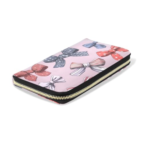 Long Wallets Leather Bifold Wallet for Women Pink Flag Bows Pattern with Zipper Credit Card Holder Large Capacity4