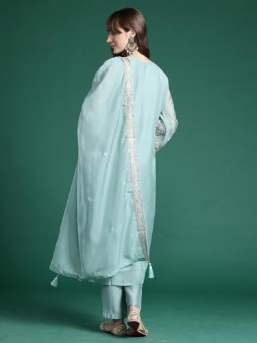 Image of INDO ERA Women's Straight Organza Ethnic Motifs Embroidered Kurta and Pant with Dupatta Set (KH9PH10614)