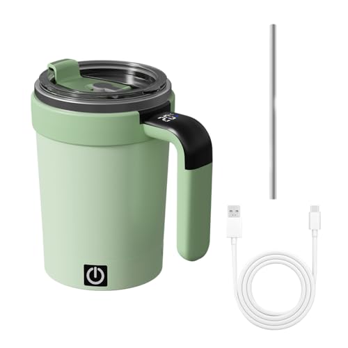 MiOYOOW Self Stirring Coffee Mug, Detachable Magnetic Electric Self Mixing Cup with Lid & Straw, Temperature Display, 380ML Stainless Steel Coffee Mixer for Home Travel Office