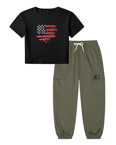 Image of Betusline Girls Fall Winter Clothing Sets, Long Sleeve Crop Top & Cargo Jogger Pants 2 Piece Outfit Sets,4T-14Y