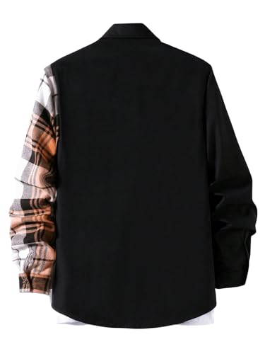 OYOANGLE Men's Colorblock Plaid Print Button Down Long Sleeve Pocket Collared Shirts Top2