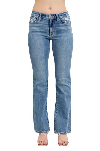 Judy Blue Women's Mid-Rise Vintage Wash Destroyed Hem Bootcut Jeans (Medium Blue, 9)