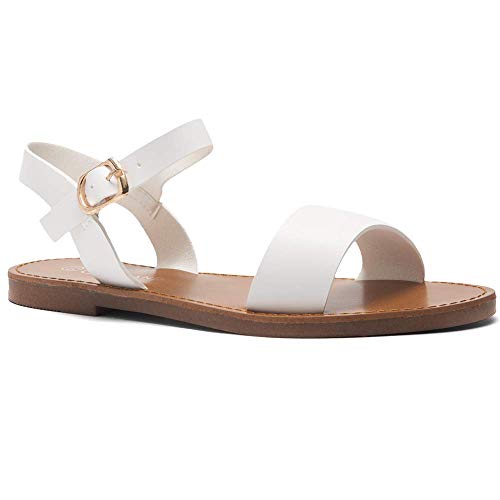 Herstyle Keetton Women's Open Toes One Band Ankle Strap Flat Sandals White 7.0