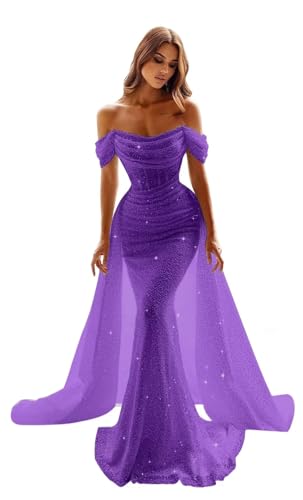 Mermaid Prom Dresses for Women 2026 Sparkly Sequin Off Shoulder Cowl Neck Sleeveless Bodycon Pleated Corset Back Long Formal Evening Gowns with Detachable Train Lavender US0