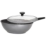 Stoneline Imagination Plus Wok 30 cm, mit Glasdeckel und abnehmbarem 3-Stufen-Sicherheitsgriff, Wokpfanne Induktion aus Aluguss, beschichtet mit echten Steinpartikeln