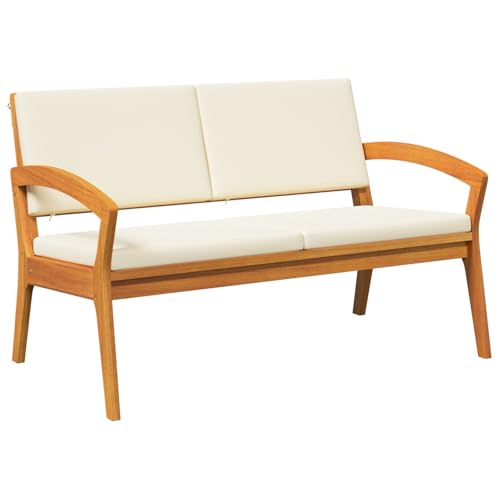 vidaXL Banco Moderno de Exterior con Cojines | Madera Maciza de Acacia Asiento Cómodo Para 2 Uso Adecuado En Patio y Jardín Colores Crema Blanca Marrón Muebles Para Dos Personas