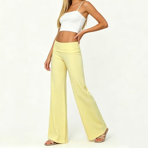 Image of Lounge Yoga Pants for Women Fold Over Low Waist Wide Leg Bell Bottoms | Y2K Foldover Pants, Flare Leggings, Low Rise Yoga Sweatpants
