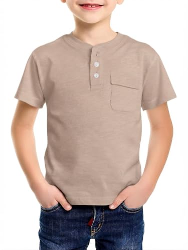 Image of Haloumoning Short Sleeve T-Shirt Boys Summer Henley Tee Basic Shirts Children's Tops with Pocket, Khaki, 6-8 Years
