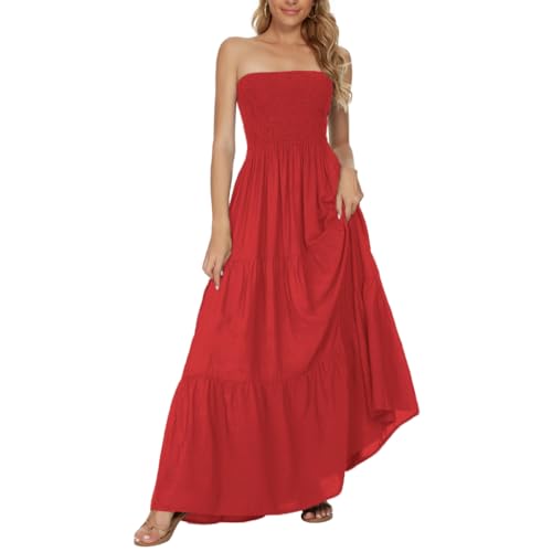 Image of Women's Summer Strapless Tube Top Maxi Dresses Off Shoulder Boho Beach Long Dress