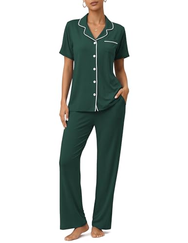 Image of ZMJ Womens Pajamas Sets 2 Piece Button Up Pj Sets Short Sleeve with Long Pant