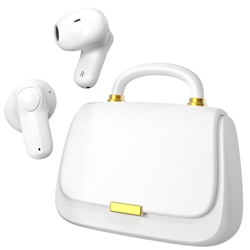 Image of ANCwear Pearl White Wireless Earbuds for Girls, Clean Girl Ear Buds with Mini Handbag Charging Case, DIY Stickers, Bluetooth 5.3, 22H Battery Life, Aesthetic Gift Earbuds for Women Teens