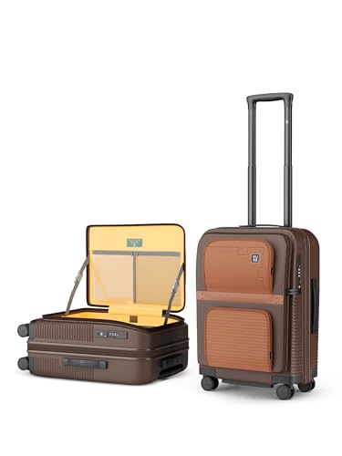 Image of EUME Aerotop Cabin Trolley Bag Small | Top Open Suitcase | Expandable Hard Polycarbonate Luggage | TSA Lock, Anti Theft Zipper, Silent Wheels | 16 inch inch Laptop Holder + Charging Port | 50L Brown