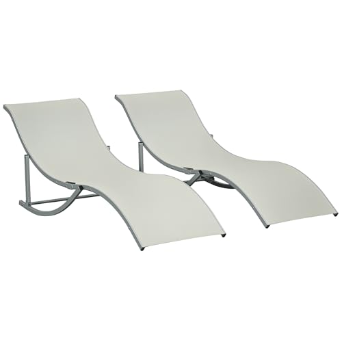 Outsunny 2 Tumbonas Plegables en Forma de S Ergonómica con Marco de Aluminio Texteline para Piscina Patio Jardín Terraza 165x61x63 cm Crema