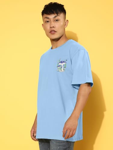 Image of Veirdo Pure Cotton Oversized Baggy Fit Drop Shoulder Stylish and Graphic Printed Round Neck Half Sleeves T-Shirt for Men (Available Color Options: Black, Green, Royal Blue, Lilac & Sky Blue)