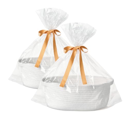 Image of 2-Pack Small Woven Gift Baskets Empty with Bags & Ribbons, Storage Basket for Father's Day for Dad, Baby Shower, Raffle, Birthday, Cute Organizer with Handles, 12 inchx8 inchx5 inch, White