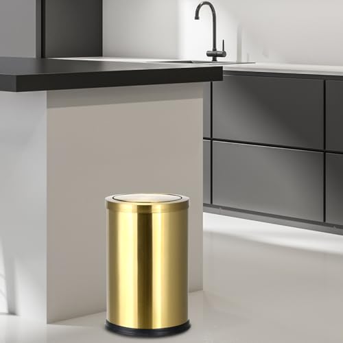 Image of QWORK Antique Gold Trash Can, 2.4 Gallons Stainless Steel, Waterproof, Rustproof with Swing Lid