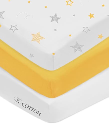 Image of American Baby Company 3 Pack 100% Natural Cotton Fitted Mini Crib Sheets 38" x 24" - Soft Breathable Small Nesting Portable Sheets, Fits Pack N Play Mattress, Yellow Star/Yellow/White, for Boy & Girl