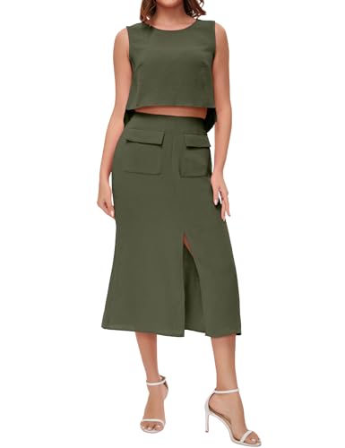 ROYLAMP Women's Summer 2 Piece Outfits Round Neck Crop Top and Split Long Skirt Elegant Casual Matching Set with Pockets