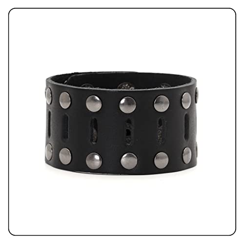 Punk Rock Double Row Rivets Wristband Hollow Wide Leather Cuff Bracelet2