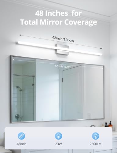 Image of Combuh Bathroom Vanity Light Fixtures Above Mirror, Modern wall lamp Chrome | 48 Inch Extra-Long, Gentle Shadow Free, Linear Design, for Makeup, Simple Slim, Splash-Resistant, 6000K Cool White, 1 Pack