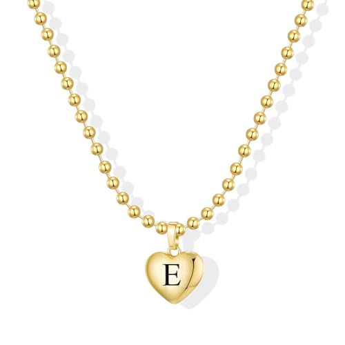 KISSCLOUD Heart Initial Necklaces for Women 14K Gold Plated Dainty Letter Charm Necklace Cute Bubble Personalized Name Pendant Ball Chain E Necklace Non Tarnish Trendy Jewelry Gift