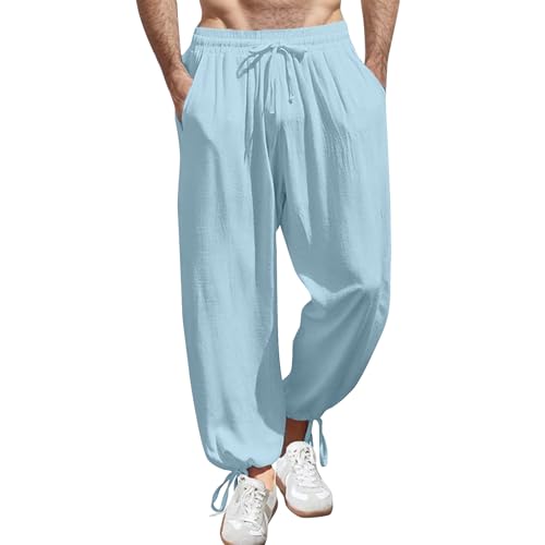Linen Joggers Men Casual Summer Straight Leg Beach Pants with Pockets Loose Fit Drawstring Elastic Waist Yoga Pants