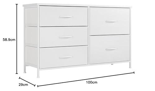 Nicehill White Dresser for Bedroom with 5 Drawers, Small Dresser for Kids' Bedroom, Closet, Wide Chest of Drawers with Fabric Storage Drawers, Wooden Top, Steel Frame, Modern, White