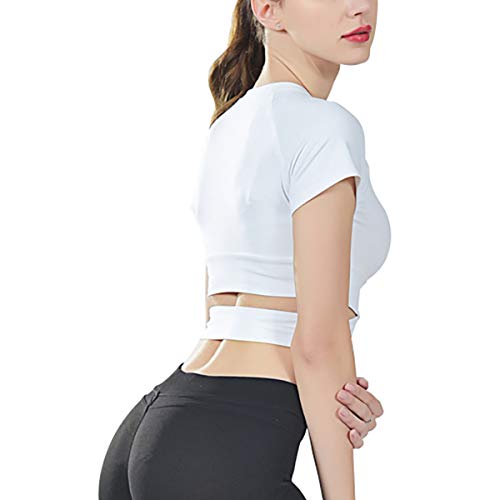 DREAM SLIM Workout Crop Tops for Women Sexy Tummy Cross Dance Yoga Tops Slim Fit Stretchy Casual Cotton Short Sleeve Shirts (White, M)
