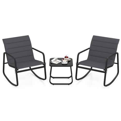 GOPLUS Salon de Jardin Extérieur 2 Personnes, 3+2Pcs Salon de Balcon avec 2 Chaises à Bascule et Table Basse, Mobilier de Terrasse en Métal avec 2 Coussins...