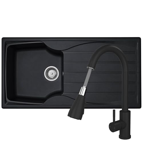 Liquida CMP10BL 1.0 Bowl Reversible Black Kitchen Sink and KPO11MB Black Tap