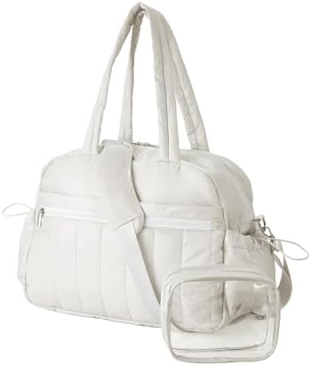 Gym Bag for Women with Wet Pocket, Travel Duffle with Clear Makeup Bag, Carry-On Weekender Overnight Organizer, Water-Resistant for Yoga & Sports, White
