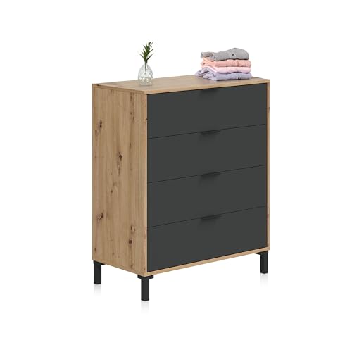 duehome | Cómoda con 4 Cajones, para Dormitorio, Modelo Luke, Acabado en Color Roble Nodi y Gris Antracita, Medidas: 77,5 cm (Ancho) x 94 cm (Alto) x 40 cm (Fondo)