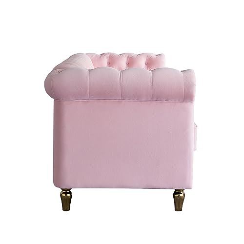 Image of KEIKI 85 inch Chesterfield Velvet Tufted Button Sofa with Deep Seat Cushions and Rolled Arms, Modern Style 3-Seater Couch Decorated with Gold Strip, Easy Assembly, for Living Room, Bedroom, Office, Pink