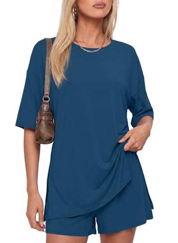 Image of Darong Women's 2 Piece Shorts Set Loungewear | oversized tshirts,crew neck top,drawstring shorts,elastic waist, side pockets,summer travel outfits
