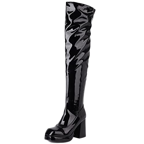 MJIASIAWA Femmes Fête Cuissarde Mode Talons Chunky Plateforme Warm Cuir Verni Prom Boots Robe Hiver Soirée Bottes De Cheval Fermeture Éclair Noir Taille 44 EU/46 Asiatique Cover