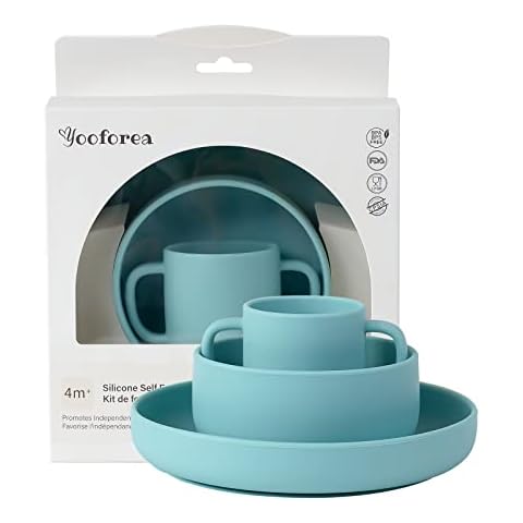 Yooforea Baby Led Weaning Supplies I Toddler Infant Baby Essentials First Stage I Baby Feeding Set - Tiny Cup, Suction Bowl & Plate I 100% Platinum Food Grade Silicone I BPA BPS PVC Free - Fog Cover