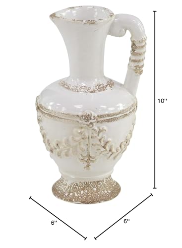 Deco 79 Rustic Ceramic Pitcher Vase, 6" W x 10" H, White, Tan
