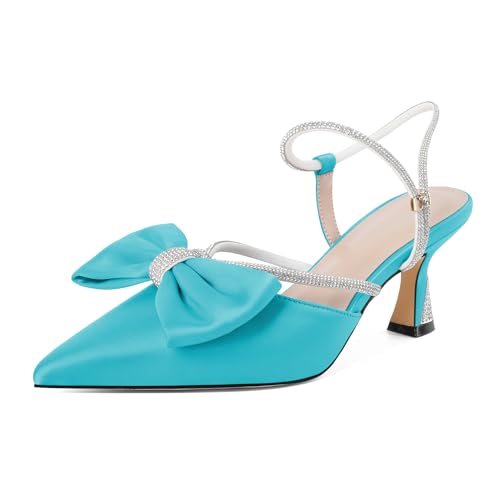 Soireelady Womens Rhinestone Bow Heels Low Kitten Heel Pumps Sparkly Slingback Ankle Strap Closed Pointed Toe Wedding Bridal Dress Shoes Satin 2.5 Inches