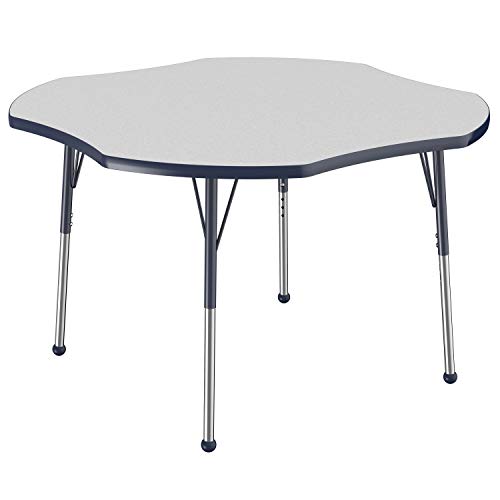 Image of FDP Clover Activity School and Office Table (48 x 48 inch), Standard Legs with Ball Glides for Collaborative Seating Environments, Adjustable Height 19-30 inches - Gray Top and Navy Edge
