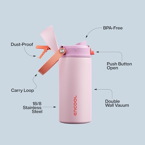 Image of Insulated Water Bottle with Straw - Encool Stainless Steel Water Bottle with Push Button Lid, Leak-Proof & BPA-Free, Keeps Cold for 24 Hours for Sports, Travel, Gym (18 oz, Lily-Red)
