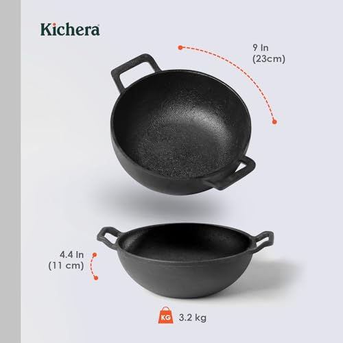 Image of Kichera Pre Seasoned Cast Iron Kadai with 2 Loop Handles 9 Inch / 23cm Heavy Duty Deep Kadhai Safe On Stovetop Induction Cooktop & Oven | 2.5LTR / 3.2KG |Naturally Nonstick Wok Pure & Toxin-Free