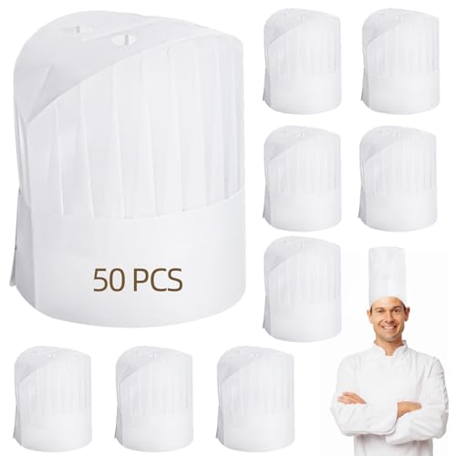 CACAZI 50 Stück Einweg-Kochmützen, verstellbare Kochmützen mit atmungsaktiven Löchern, Kochmütze aus Vliesstoff, Unisex-Kochmütze für die Küche im Restaurant zu Hause, Hausarbeit, Catering, Party
