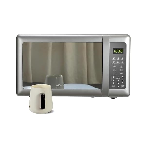 Emerson MW7601SL Compact Countertop Microwave Oven with Sleek Mirrored Finish Door 10 Power Levels, 6 Auto Menus, Glass Turntable and Child Safe Lock, 0.7 Cu. Ft, Silver