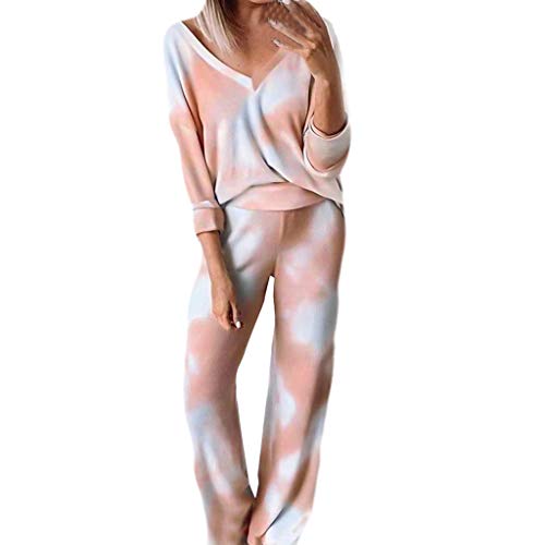Ounice 2Pcs Women Sexy V-Neck Pajamas Tie-Dyed Sets Leisure Wear Lounge Wear Suit Home Tops+Pants (Pink, L Bust:102cm 40.16  )