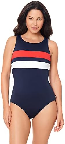 Reebok Women's Swimwear Classic Colorblock High Neck Soft Cup One Piece Swimsuit, Navy, 12